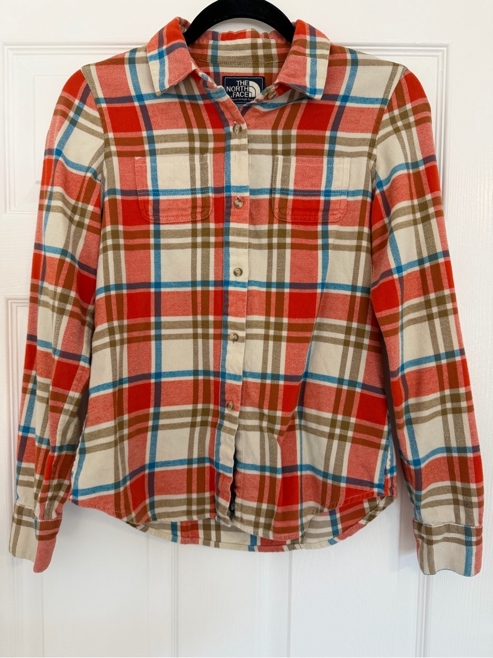 The North Face, XS Plaid Button-Down Shirt in Orange, Cream & Blue
